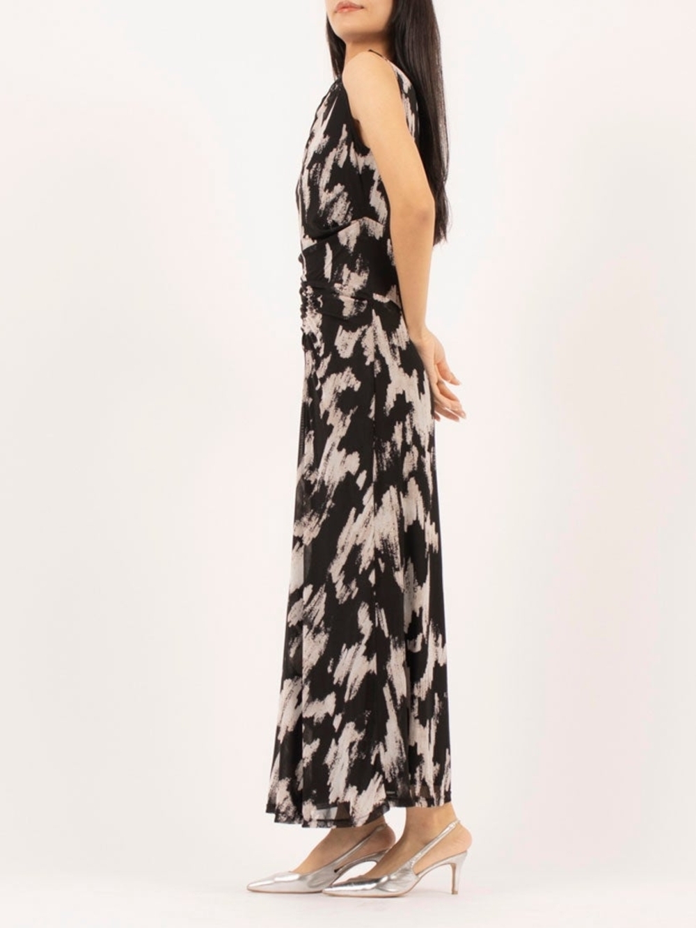 NEW DKNY Sleeveless Black and Cream Abstract Print Mesh Maxi Dress - Picture 2 of 16